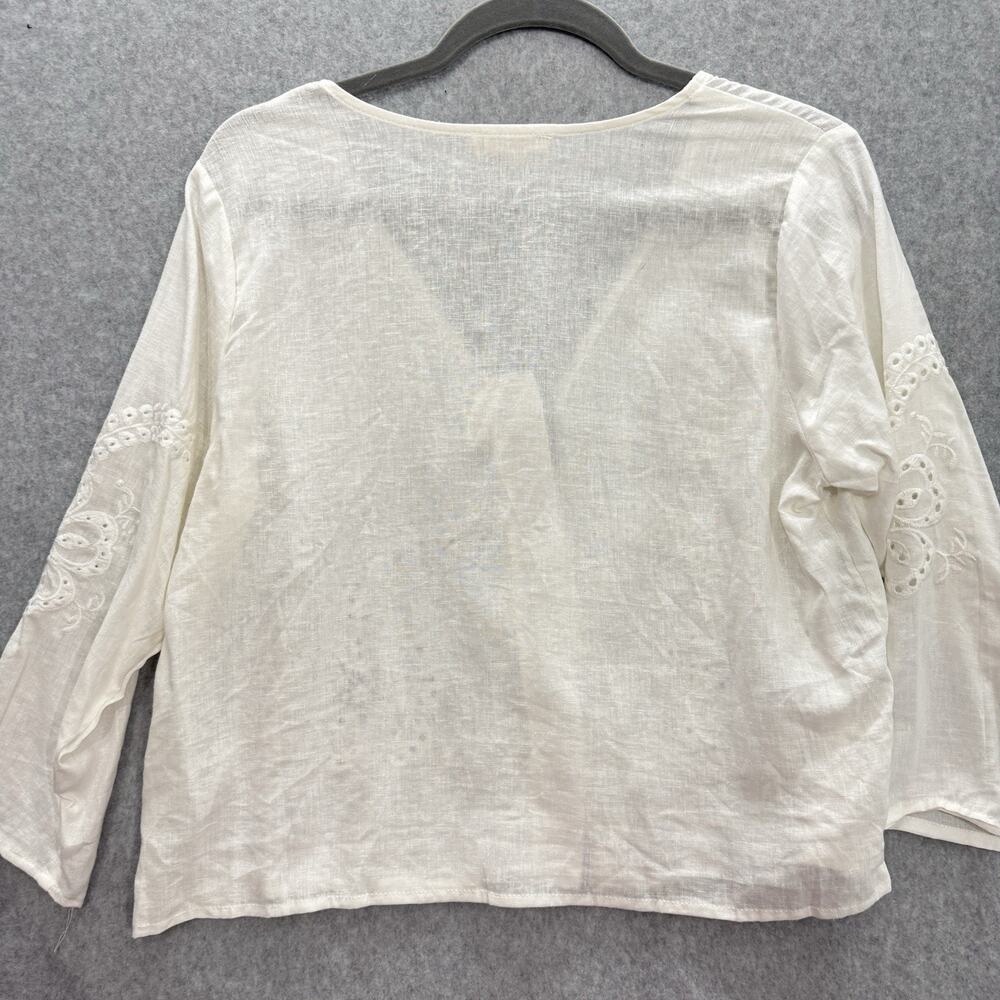 Christian Siriano Linen Blend Tie Front Top Sz S Cream Coquette Embroidered Boho - Picture 2 of 10